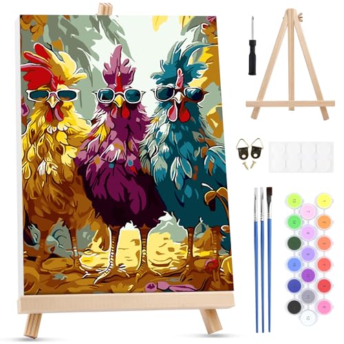 MXJSUA Three Chickens Framed Paint by Numbers Kit for Adults Beginner with Wooden Easel, Adults' Paint-by-Numbers on Canvas, Easy DIY Acrylic Number Painting for Home Decor Gifts, 8x12 inch - color: Three Chickens