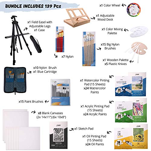 J MARK Painting Kit for Adults, Oil Paint Set- All in Deluxe Acrylic, Watercolor and Oil Painting Set - color: Multicolor