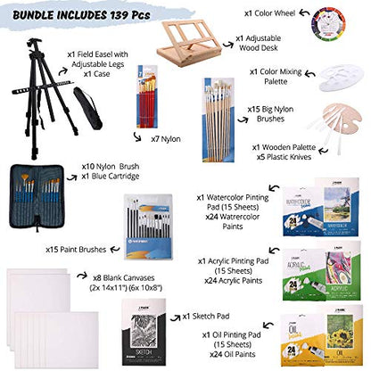 J MARK Painting Kit for Adults, Oil Paint Set- All in Deluxe Acrylic, Watercolor and Oil Painting Set - color: Multicolor
