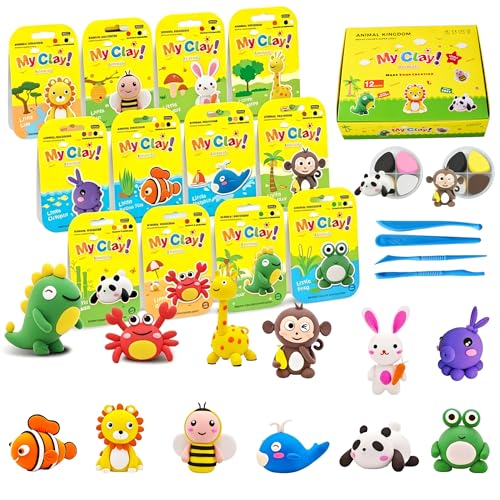 Air Dry Clay Kit for Kids, 12 Pcs Animal Theme Modeling Clay Set with Tools & Tutorials, Non-Toxic Soft Polymer Clay Alternative, for DIY Art Craft Gift for Boys Girls - color: yellow