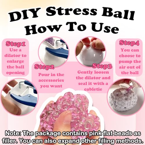 Dsyrvd 12PCS DIY Stress Ball Making Kit with Sealing Rubber Ring*12, Cable Tie*12, Balloon Expander Tool*1, Vacuum Tool*1, 100g Pink Filling Beads Great for Relieve Stress