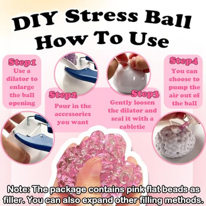 Dsyrvd 12PCS DIY Stress Ball Making Kit with Sealing Rubber Ring*12, Cable Tie*12, Balloon Expander Tool*1, Vacuum Tool*1, 100g Pink Filling Beads Great for Relieve Stress