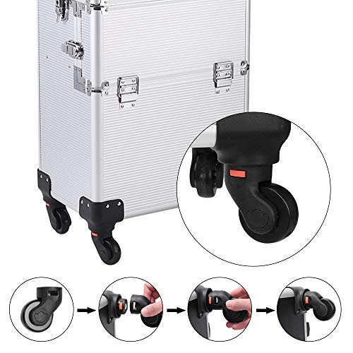 mefeir 3 in 1 Rolling Makeup Train Case, Large Cosmetic Trolley with 360° Rotation Wheels & 2 Drawers, Professional for Makeup & Tattoo Artist & Hairstylist - color: Silver