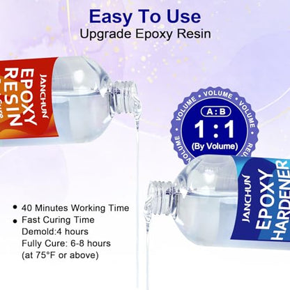 JANCHUN Crystal Clear Epoxy Resin Kit 32OZ, Bubble-Free, Anti-Yellowing, Self Leveling Easy Mix 1:1 Coating and Casting Resin for Table Top, Molds, Tumbler Crafts, Painting, Jewelry, DIY Gifts - size: 32oz