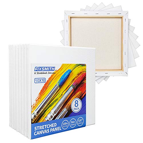 FIXSMITH Stretched White Blank Canvas - 10 x10 Inch, Bulk Pack of 8, Primed, 100% Cotton, 5/8 Inch Profile of Super Value Pack for Acrylics,Oils & Other Painting Media. - size: 10"x10"