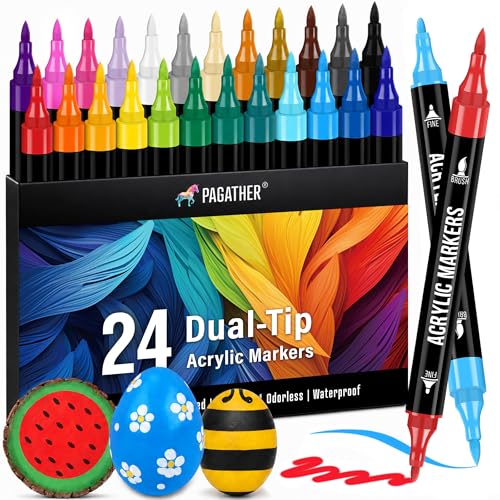 Pagather 24 Colors Acrylic Paint Markers, Dual Tip with Fine Tip and Brush Tip Pens for Fabric, Stone, Wood, Canvas, Ceramic, Metal, Glass, Rock Painting, DIY Crafts - color: 24 Colors