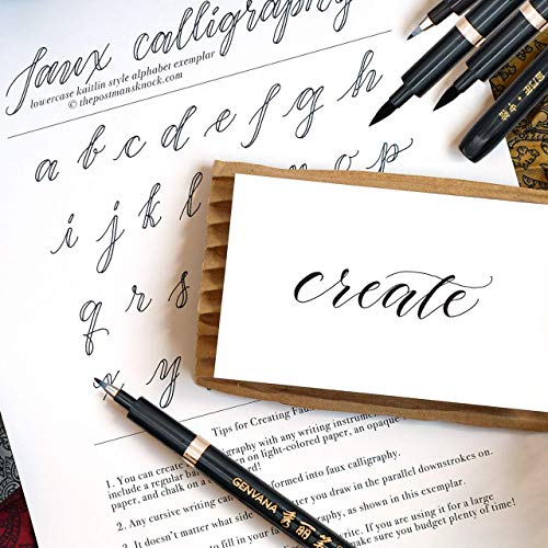 Hand Lettering Pens, Refillable Calligraphy Pens Brush Marker Pens Set Black, 4 Size for Writing, Painting, Drawing, Pack of 6