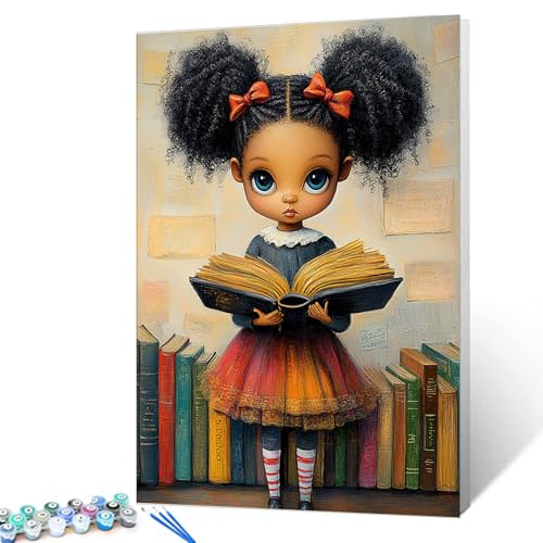 Tucocoo Black Little Girl Paint by Numbers Kits with Brushes and Acrylic Pigment on Canvas Painting for Adults, Fantasy Artwork Whimsical Book Picture for Home Wall Decor Gifts 16''x20'' (DIY Framed) - color: Artwork-03, size: 16''x20''(DIY Frame)