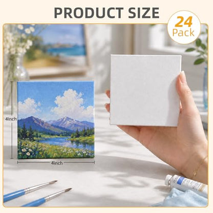 CONDA 24 Pack 4x4 Inch Mini Blank Canvas for Painting, 100% Cotton Stretched Canvas with Pinewood Frame, Acid-Free Primed Mini Square Canvas for Acrylic Oil Painting, Classroom Art & Party Decor