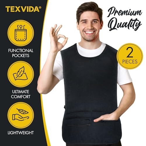 5 Pockets Cobbler Aprons for Women Men (Pack of 2) – Zipper Pocket Smock Apron - color: Black, size: Standard