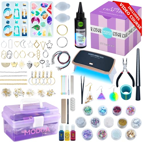 MODDA UV Resin Jewelry Making Kit, UV Lamp & Video Course Included, DIY Resin Kit for Adults, Teen Girls, Beginners with Molds, Glitters & Accessories - color: UV RESIN -JEWELRY MAKING KIT