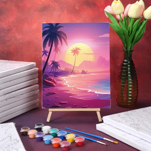Zhanmai 72 Pcs 12 Sets Sip and Paint Kit Pre Drawn Canvas for Painting 8" x 10" Paint Party Canvas Painting Pre Printed Canvases for Party Favor DIY Virtual Adult's Date Night(Hawaii Landscape) - style: Beach Scenery