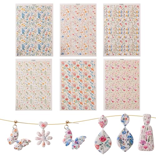 Clay Transfer Paper, 6Pcs Wildflower Theme Polymer Clay Transfer Sheets for Earrings Jewelry Necklace with Mud Press Rod DIY Craft - color: Wild Flower