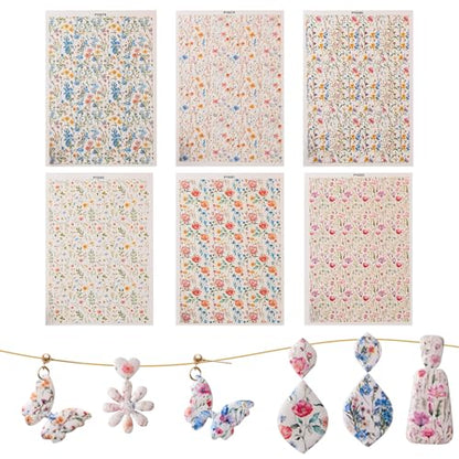 Clay Transfer Paper, 6Pcs Wildflower Theme Polymer Clay Transfer Sheets for Earrings Jewelry Necklace with Mud Press Rod DIY Craft - color: Wild Flower