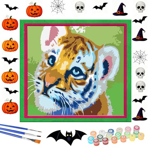Wings Giant Framed Paint by Numbers Kit for Kids Ages 4-8, 8-12, Beginner Cartoon Dog Theme, Pre-Printed Acrylic Painting, (12 x 14 inch) Canvas, Clear Numbering, Includes Inner Hook, Wall Decor - color: Tiger Art