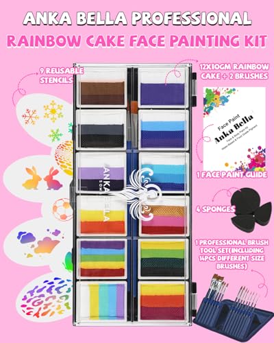 Anka Bella Professional Face Painting Kit for Kids,12X10gm Water Based Split Cake Face Paint with Stencil & Brushes,Hypoallergenic & Non-Toxic,Gift for Birthday Parties/Halloween/Carnival - color: Rainbow Falls set