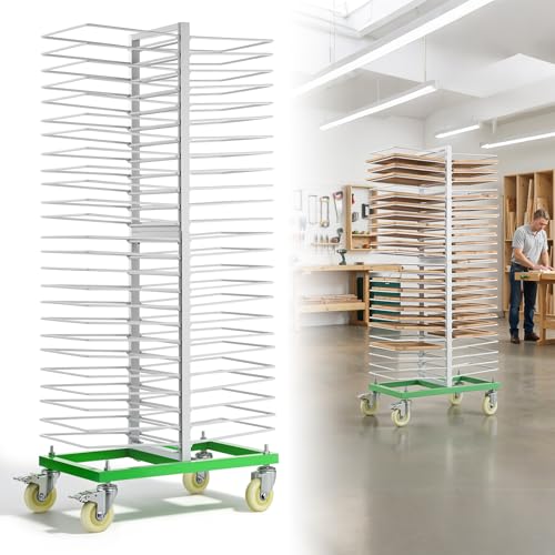50-Shelf Paint Drying Rack for Cabinet Doors&Woodworking, Heavy Duty Mobile Cabinet Drying Rack with Locking Casters, 25 lbs per Shelf&2.1" Gap,Space-Saving Vertical Storage for Workshops/Paint Shops