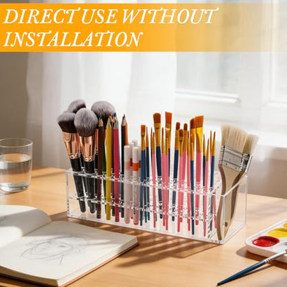Acrylic Paint Brush Holder, 98 Holes Art Supply Organizer for Paintbrushes, Markers, Pencils & Makeup Tools – No Assembly Required Desktop Stand with 6 Hole Sizes and Multi-Functional Compartment
