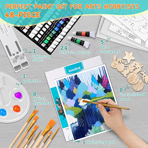 koseibal Acrylic Art Set with 24 Acrylic Paints, 8 DIY Wooden Stencils 5 Canvas Panels 8 Brushes, Table Easel, Etc, Painting Supplies Kit for Kids Students Artists and Beginner - color: 24 acrylic paints