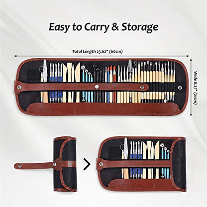 ISSEVE Pottery Clay Sculpting Tools 43Pcs Double Sided Ceramic Clay Carving Tool Set with Carrying Case Bag for Beginners Professionals School Student Pottery Modeling Smoothing - color: Brown Bag