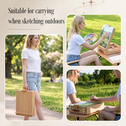 Maitys Tabletop Easel for Painting Set Portable Adjustable Wooden Sketchbox Tabletop Art Easel Stand Palette Brushes Tape Kneaded Eraser for Beginners Painting Sketching Travel