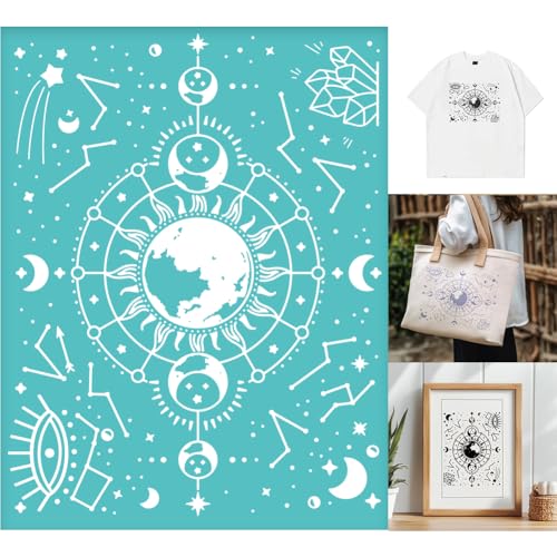 2 Sheets Moon Phases Silkscreen Stencil for Painting, Moon Stars Painting Stencils Templates Reusable Self-Adhesive Silk Screen Printing for Wall Border Wood Fabric Home Craft Decor - style: Moon Phases