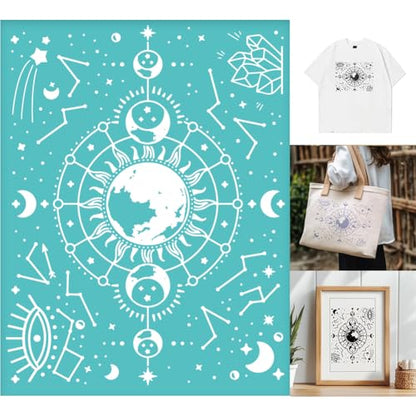 2 Sheets Moon Phases Silkscreen Stencil for Painting, Moon Stars Painting Stencils Templates Reusable Self-Adhesive Silk Screen Printing for Wall Border Wood Fabric Home Craft Decor - style: Moon Phases