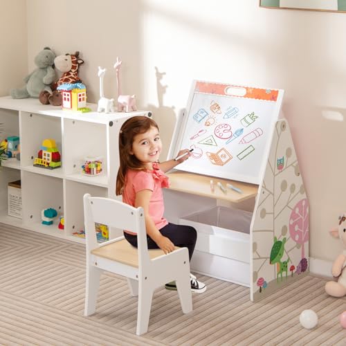 HONEY JOY Kids Art Easel, Wooden Double-Sided Toddler Table & Chair Set w/Adjustable Magnetic White Board & Chalkboard, Bookshelf & Storage Bin, Arts & Crafts, Kids Art Table for Boys Girls (White) - color: White
