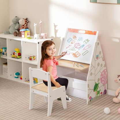 HONEY JOY Kids Art Easel, Wooden Double-Sided Toddler Table & Chair Set w/Adjustable Magnetic White Board & Chalkboard, Bookshelf & Storage Bin, Arts & Crafts, Kids Art Table for Boys Girls (White) - color: White