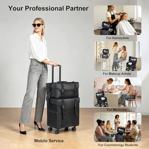 BEAUTY CASE 2 in 1 Rolling Makeup Case, Cosmetology Case on Wheels, Large Capacity Professional Makeup Bag with 8 Detachable Drawers for Makeup Artist & Hairstylist, Waterproof Oxford Fabric, Black