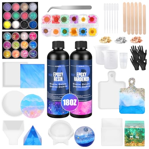 KISREL Epoxy Resin Kit for Beginners, Resin Kit with Molds, 18OZ Epoxy Kit with Dried Flowers, Measuring Cups and Resina Supplies - size: 6 Large Molds