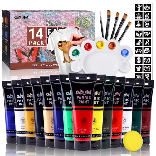 Colorful 14 Colors Permanent Fabric Paint for Furniture, 4 oz (120 ml) Fabric Paint for Clothes, Soft Rich Pigment Non-Toxic Textile Paint for Fabric DIY Crafts T-shirts Shoes Jeans DIY for Adult - color: 14colors, size: 4 Fl Oz (Pack of 14)