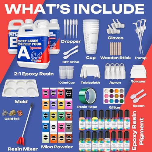 Deep Pour Epoxy Resin Kit 1.2 Gallon, 2-4 Inch 2:1 Clear Deep Pour Epoxy Resin Kit with 16 Pigments and 20 Mica Powders - Bubble Free Crystal Clear for River Table, Art Crafts, Flowers, Wood, DIY - size: 1.2Gallon