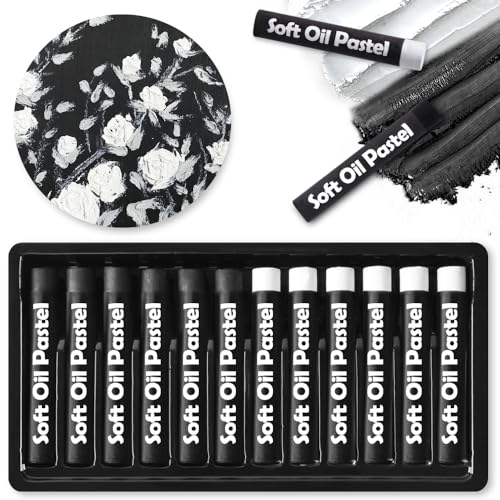 Mifuner Soft Oil Pastels Set (12 Sticks,2 Colors),Colors Heavy Oil Pastels Vibrant and Creamy,Pastel Art Supplies for Artists,Gallery Oil Painting Stick for Adult Art Drawing. White and Black - color: Pastel-12pcs White&Black