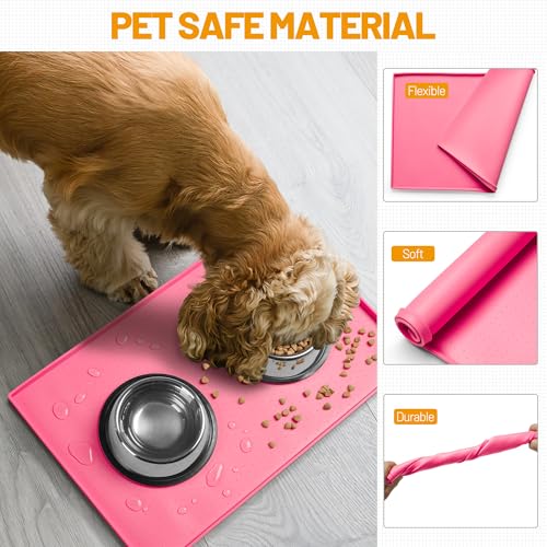 Hubulk Dog Feeding Mat,100% Waterproof Food Grade Silicone Pet Food and Water Bowl Placemat,Dishwasher, High Raised Edge to Prevent Spills,Nonslip Tray to Stop Messes on Floor（28"x18"x0.8", Pink） - color: Pink, size: 28"l X 18"w