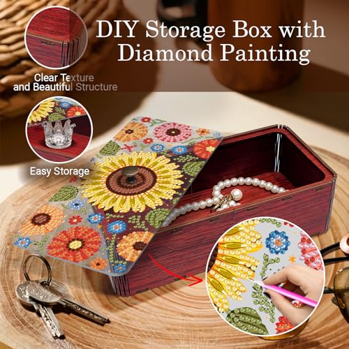 Diamond Art Painting Storage Box Kit, DIY Rectangular Wooden Decorative Container Holder with Lid, Snack Jewelry Gem Art Organizer Case for Adults (Sunflower) - style: Sunflower