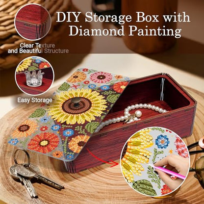 Diamond Art Painting Storage Box Kit, DIY Rectangular Wooden Decorative Container Holder with Lid, Snack Jewelry Gem Art Organizer Case for Adults (Sunflower) - style: Sunflower