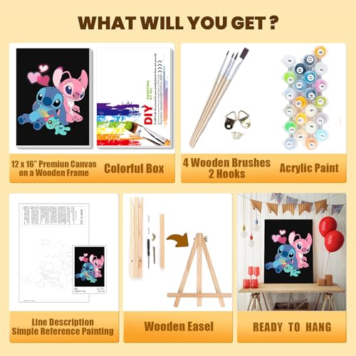 Cartoon Paint by Numbers Kit for Kids with Framed Canvas - with Wooden Easel, Easy Kids Paint by Number Kits Age 8-12, DIY Acrylic Oil Painting Kits with 4 Wooden Brushes Nice Gift Box (12x16 inch) - color: DKMT0186