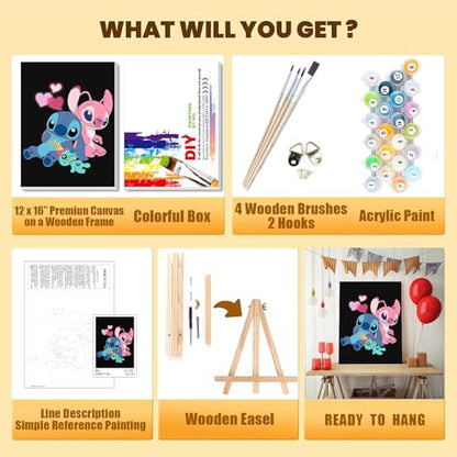 Cartoon Paint by Numbers Kit for Kids with Framed Canvas - with Wooden Easel, Easy Kids Paint by Number Kits Age 8-12, DIY Acrylic Oil Painting Kits with 4 Wooden Brushes Nice Gift Box (12x16 inch) - color: DKMT0186