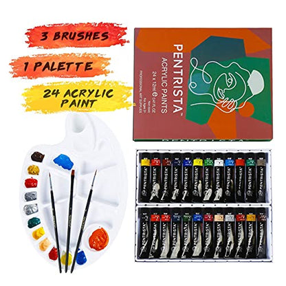 Professional Acrylic Paint Sets, 24 Colors 12ml/0.41 fl.oz Art Paint Tubes with 3pcs Brush + Palette,Heavy Body Acrylic Paints for Artists Adults,Beginners on Canvas Rocks Wood Fabric Craft - color: 24 Colors