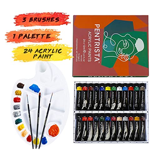 Professional Acrylic Paint Sets, 24 Colors 12ml/0.41 fl.oz Art Paint Tubes with 3pcs Brush + Palette,Heavy Body Acrylic Paints for Artists Adults,Beginners on Canvas Rocks Wood Fabric Craft - color: 24 Colors