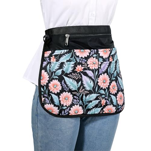 Waterproof Server Apron for Women with 5 Pockets,Quickly Put on and Take off Waitress Aprons,Work Apron for Bartender Barista - color: Pink Flowers