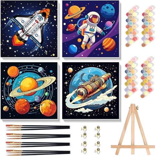 cviokrdu 4 Pack Paint by Numbers Kit for Kids with Frame - Wooden Easel, Outer Space Paint by Numbers for Kids Ages 4 8 12, Easy Astronaut Acrylic Oil Painting Kits for Home Wall Decoration 8x8 inch - color: BKH2339-BKH2342