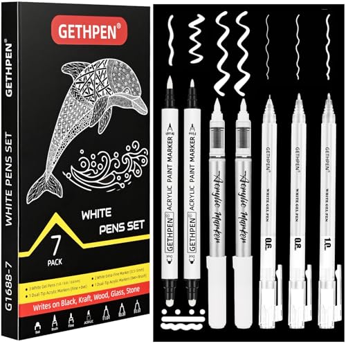 GETHPEN White Ink Pens, Fine Point Gel Pens, Brush Tip Acrylic Markers,white paint pen, Dual-Tip Opaque Paint Pens for Black Paper Drawing, Sketching, Illustration, Card Making,7 Pack - color: White