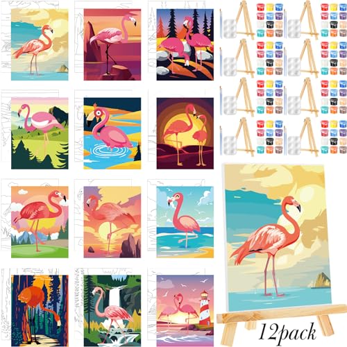 Zhanmai 72 Pcs 12 Sets Sip and Paint Kit Pre Drawn Canvas for Painting 8" x 10" Paint Party Canvas Painting Pre Printed Canvases for Party Favor DIY Virtual Adult's Date Night(Hawaii Flamingo) - style: Flamingo