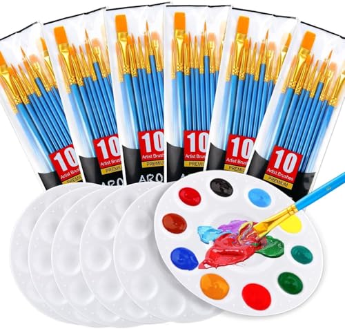 Painting Brush Palette Set, with 6 Packs of 60 Brushes and 6 Palettes,Nylon Brush Head, Suitable for Oil Watercolor, etc., Perfect Art Painting Set. - size: 60 Brushes 6 Palettes