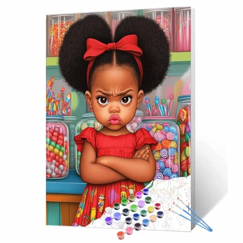 Tucocoo African Girl Paint by Number Pouty Little Afro Bun Girl DIY Painting Kits on Canvas with Brushes Acrylic Paints Colorful Candy Store Paint by Numbers for Adults Beginner 16x20Inch (DIY Frame) - color: Artwork-10, size: 16''x20''(DIY Frame)