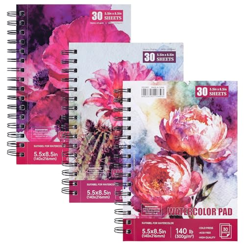 3 Pack 90 Sheet Watercolor Paper Pad 5.5“ x 8.5”, 140lb/300 GSM Cotton Cold Press Spiral Bound Pad Watercolor Sketchbook for Adults, Mixed Media,Markers, Art Painting, Journal - color: Floral