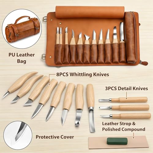 Wood Carving Kit Deluxe-Whittling Knife, Wood Carving Knife Set, Wood Whittling Kit for Beginners, Carving Knife Woodworking Wood Carving Tools Set with Large Leather Case (White) - color: white