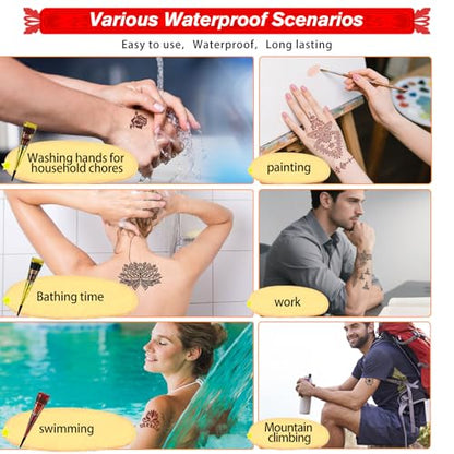 12 Sheets Temporary Tattoo Stencils Kit-Large 78 Pcs Tattoo Patterns-6 Pcs (Reddish-Brown/Black/Maroon) Ink with Paint Brush for DIY Body Art-Tattoos for Adults, Teens, Beginners，Family Fun & Parties - color: D-6Pcs